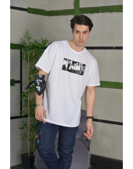 ERKEK Bisiklet Yaka Baskılı Oversize T-Shirt - Beyaz