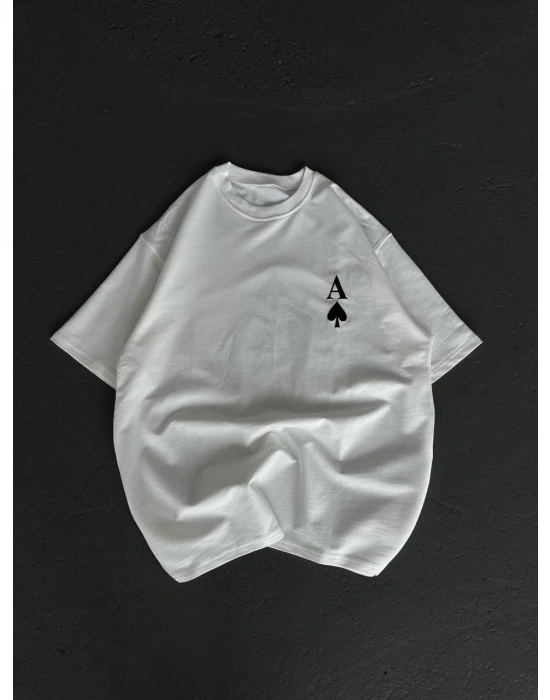 kadın  Bisiklet Yaka Baskılı Oversize T-Shirt - Beyaz