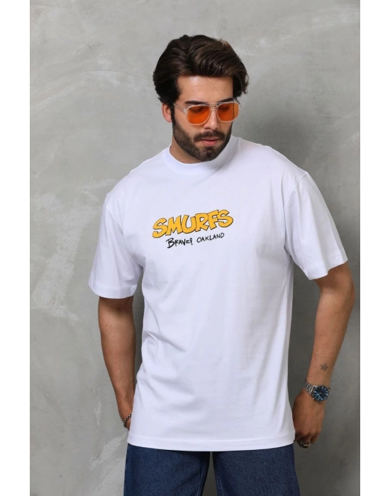 Erkek  Bisiklet Yaka Baskılı Oversize T-Shirt - Beyaz