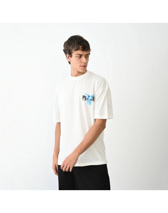 Erkek Bisiklet Yaka Baskılı Oversize T-Shirt - Beyaz