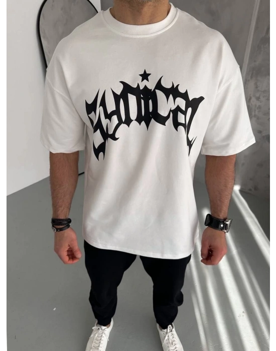 ERKEK Bisiklet Yaka Baskılı T-Shirt - Beyaz