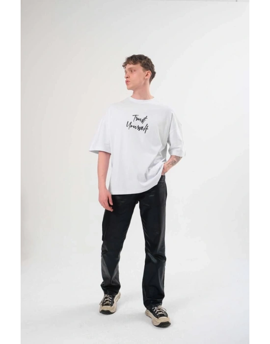 Erkek Bisiklet Yaka Baskılı Oversize T-Shirt - Beyaz