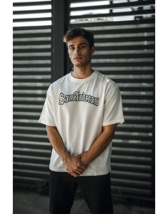 ERKEK Bisiklet Yaka Baskılı Oversize T-Shirt - Beyaz