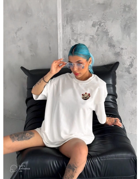 kadın Bisiklet Yaka Baskılı Oversize T-Shirt - Beyaz