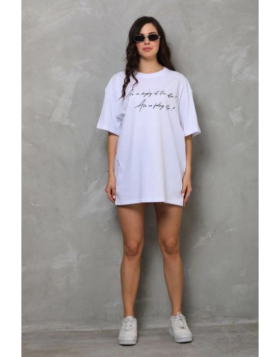 kadın Bisiklet Yaka Baskılı Oversize T-Shirt - Beyaz