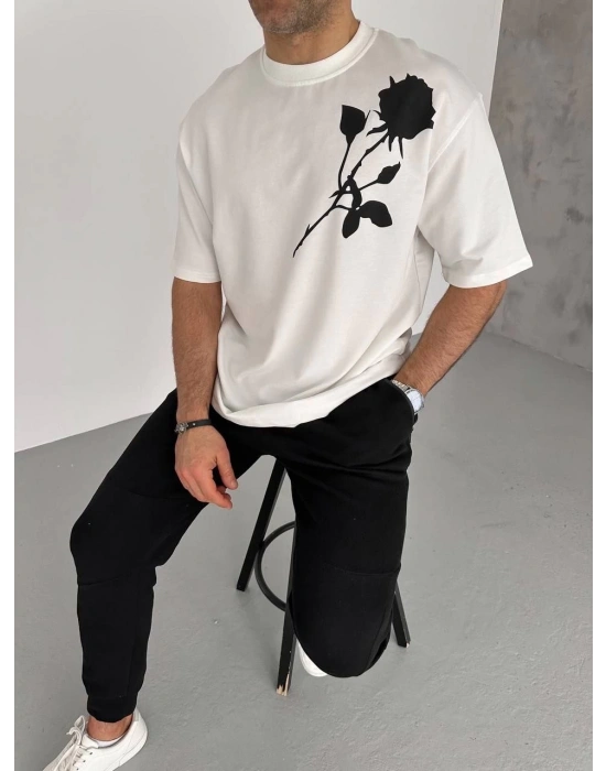 erkek Bisiklet Yaka Baskılı T-Shirt - Beyaz