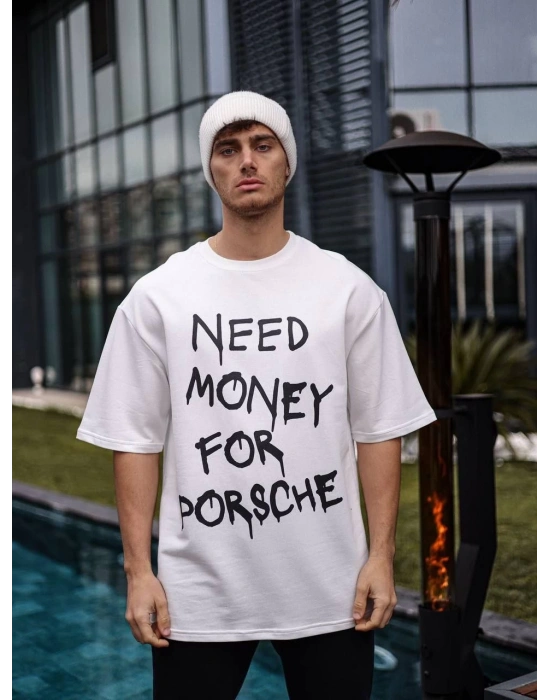 ERKEK Bisiklet Yaka Baskılı Oversize T-Shirt - Beyaz