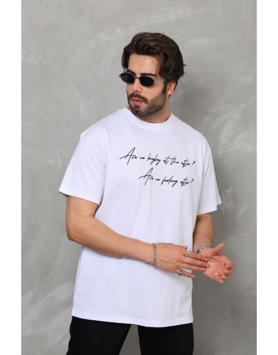 Erkek  Bisiklet Yaka Baskılı Oversize T-Shirt - Beyaz