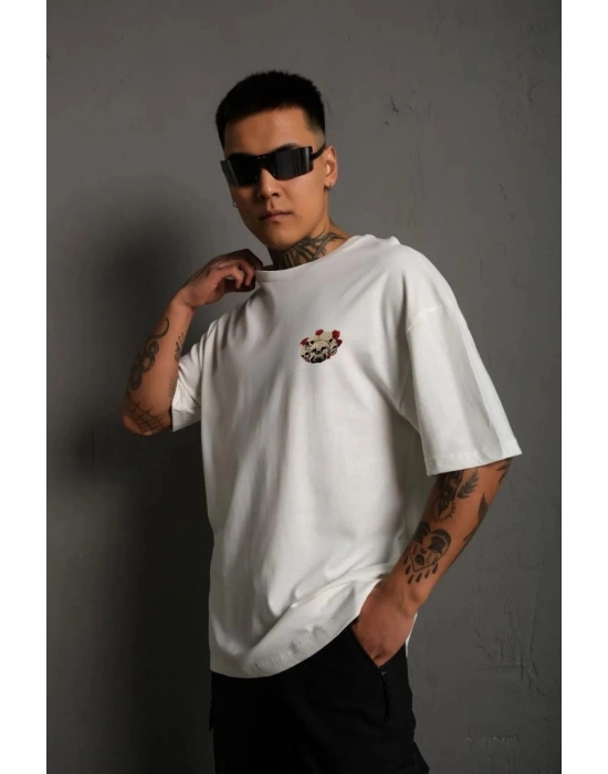 Erkek Bisiklet Yaka Baskılı Oversize T-Shirt - Beyaz