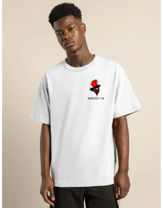 ERKEK Bisiklet Yaka Baskılı Oversize T-Shirt - Beyaz