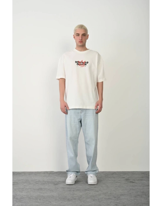 Erkek Bisiklet Yaka Baskılı Oversize - Beyaz