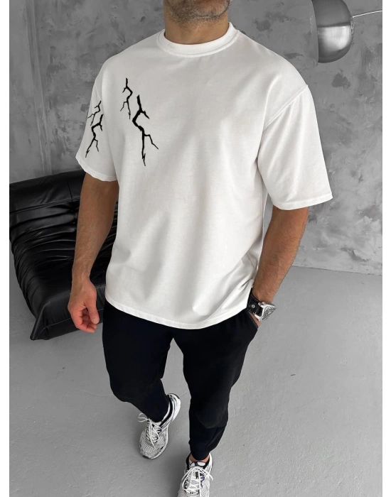 ERKEK Bisiklet Yaka kol ve arka Baskılı Oversize T-Shirt - Beyaz