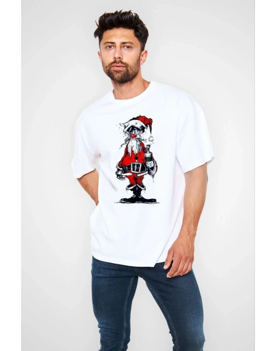 ERKEK Bisiklet Yaka Baskılı Oversize T-Shirt - Beyaz