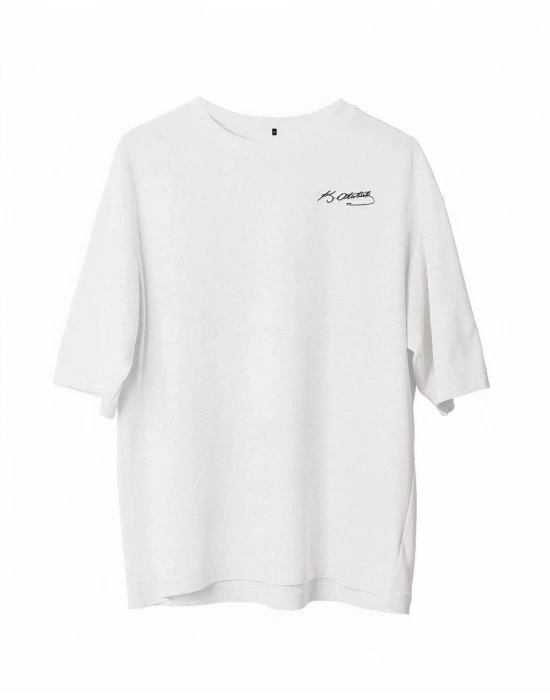 Erkek Bisiklet Yaka Baskılı Oversize T-Shirt - Beyaz