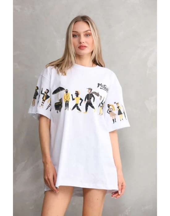 kadın  Bisiklet Yaka Baskılı Oversize T-Shirt - Beyaz