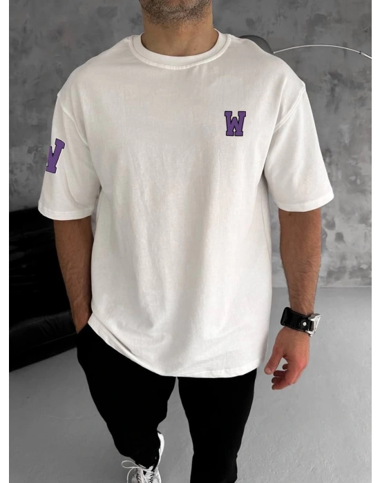 Erkek  Bisiklet Yaka Baskılı Oversize T-Shirt - Beyaz