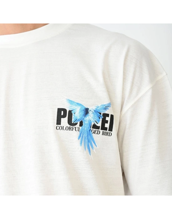 Erkek Bisiklet Yaka Baskılı Oversize T-Shirt - Beyaz