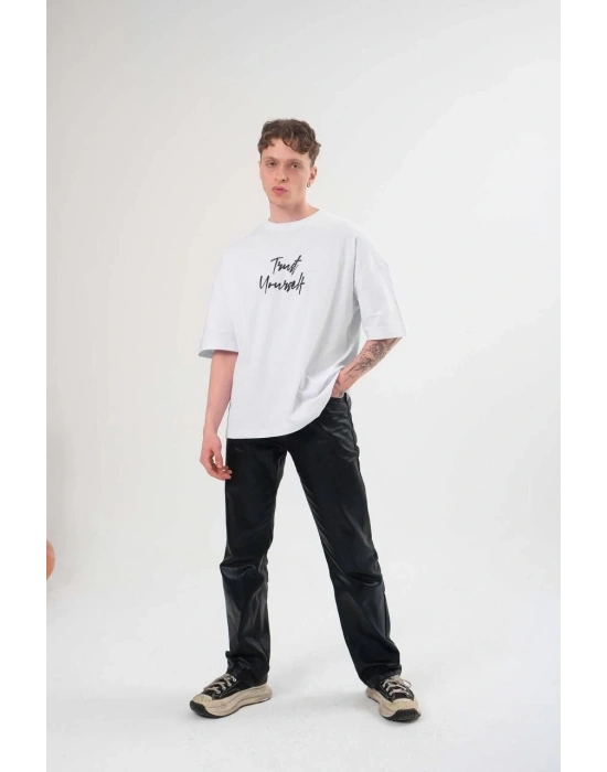 Erkek Bisiklet Yaka Baskılı Oversize T-Shirt - Beyaz