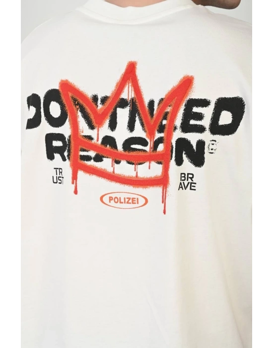 Erkek Bisiklet Yaka Baskılı Oversize - Beyaz