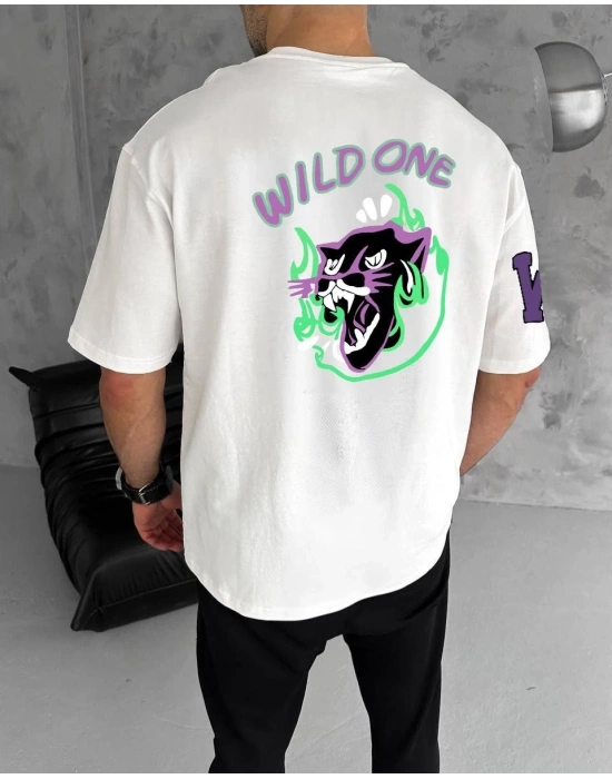 Erkek  Bisiklet Yaka Baskılı Oversize T-Shirt - Beyaz