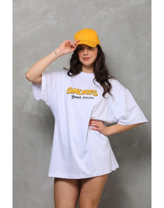 kadın Bisiklet Yaka Baskılı Oversize T-Shirt - Beyaz