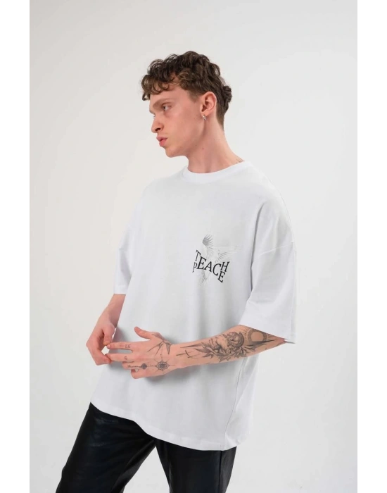 Erkek Bisiklet Yaka Baskılı Oversize T-Shirt - Beyaz