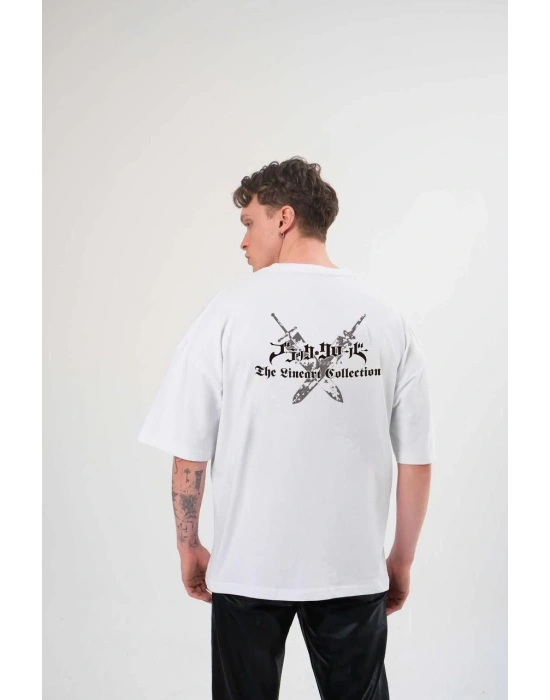 ERKEK Bisiklet Yaka Baskılı Oversize T-Shirt - Beyaz