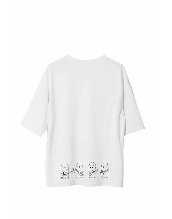 Erkek Bisiklet Yaka Baskılı Oversize T-Shirt - Beyaz