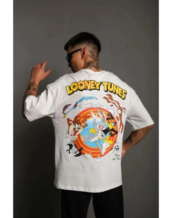 Bisiklet Yaka Baskılı Oversize T-Shirt - Beyaz