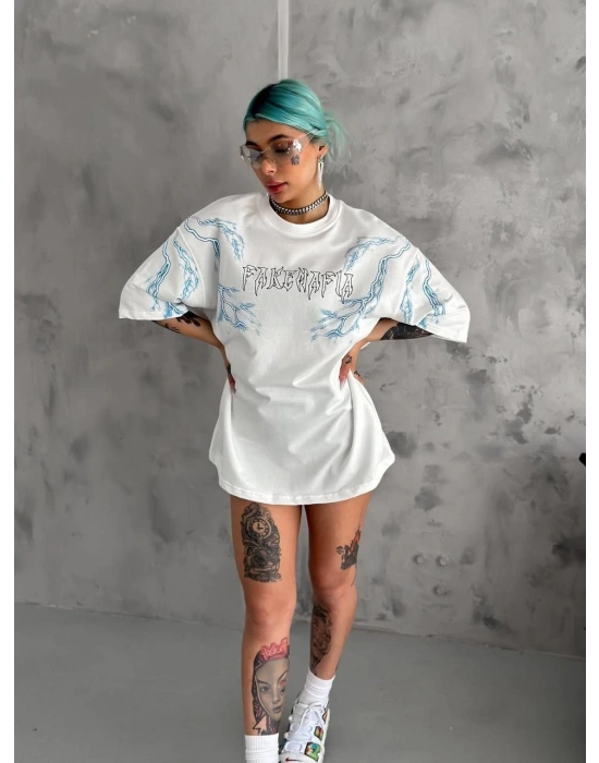 Kadın Bisiklet Yaka Baskılı Oversize T-Shirt - Beyaz