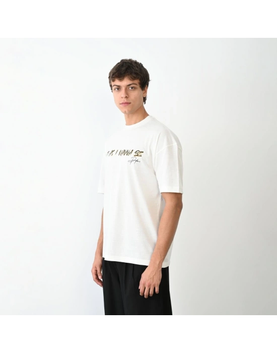 Erkek  Bisiklet Yaka Baskılı Oversize T-Shirt - Beyaz