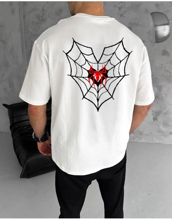 ERKEK Bisiklet Yaka Örümcek Baskılı Oversize T-Shirt - Beyaz