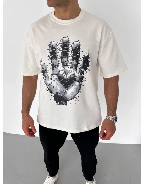 Erkek Bisiklet Yaka Baskılı Oversize T-Shirt - Beyaz