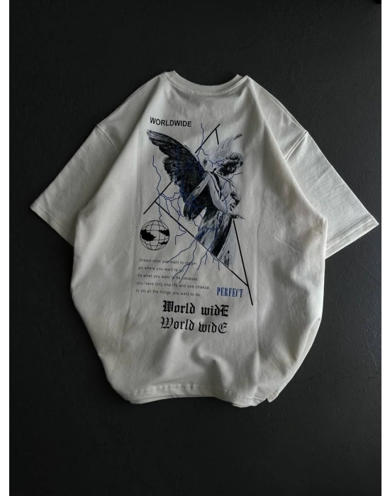 kadın Bisiklet Yaka Baskılı Oversize T-Shirt - Beyaz