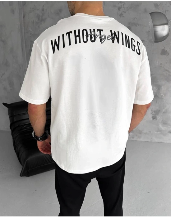 Erkek  Bisiklet Yaka Baskılı Oversize T-Shirt - Beyaz