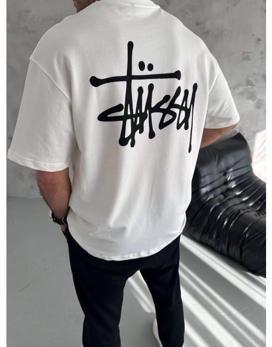 Bisiklet Yaka Baskılı Oversize T-Shirt - Beyaz