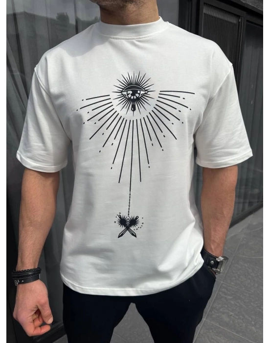 ERKEK  Bisiklet Yaka Baskılı Oversize T-Shirt - Beyaz