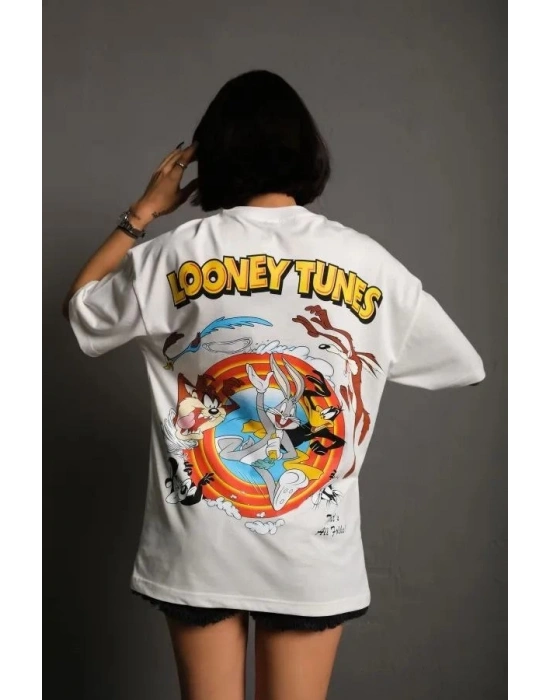 kadın Bisiklet Yaka Baskılı Oversize T-Shirt - Beyaz