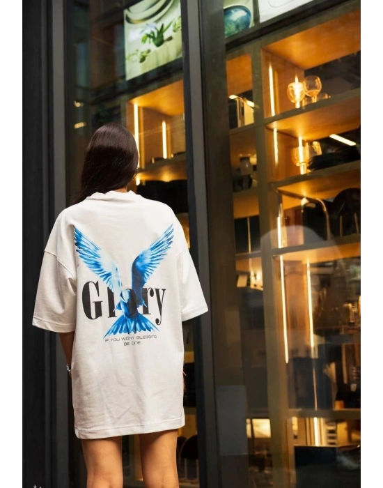 kadın Bisiklet Yaka Baskılı Oversize T-Shirt - Beyaz