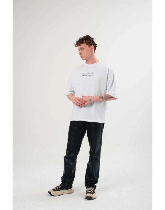 ERKEK Bisiklet Yaka Baskılı Oversize T-Shirt - Beyaz