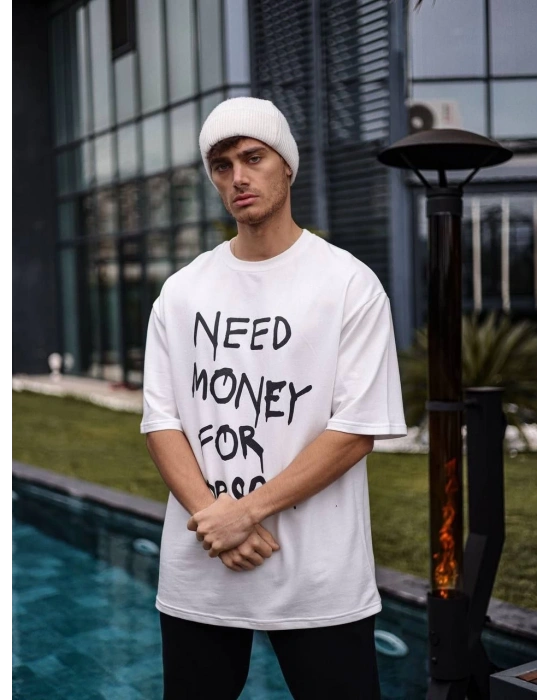 ERKEK Bisiklet Yaka Baskılı Oversize T-Shirt - Beyaz