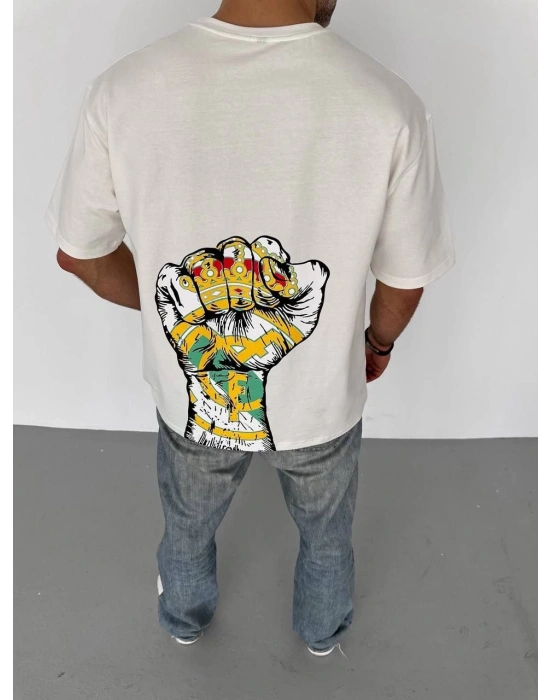 Erkek  Bisiklet Yaka Baskılı Oversize T-Shirt - Beyaz
