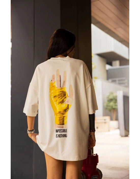 kadın Bisiklet Yaka Baskılı Oversize T-Shirt - Beyaz