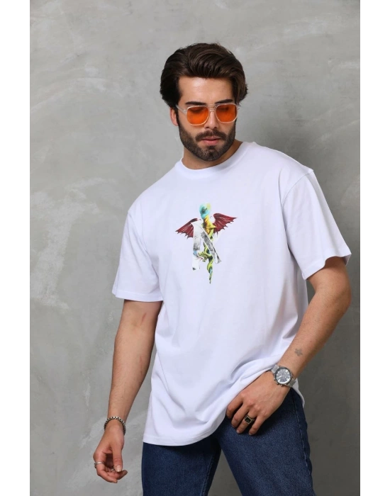 Erkek Bisiklet Yaka Baskılı Oversize - Beyaz