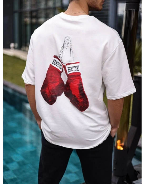 Erkek Bisiklet Yaka Baskılı Oversize T-Shirt - Beyaz