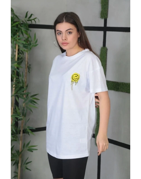 Kadın Bisiklet Yaka Baskılı Oversize T-Shirt - Beyaz