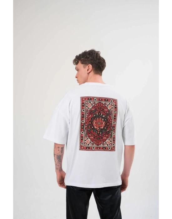 Erkek Bisiklet Yaka Baskılı Oversize T-Shirt - Beyaz