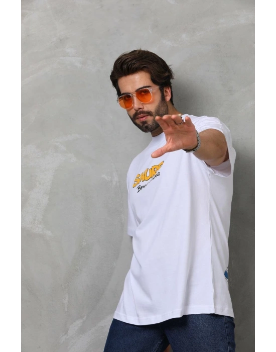 Erkek  Bisiklet Yaka Baskılı Oversize T-Shirt - Beyaz
