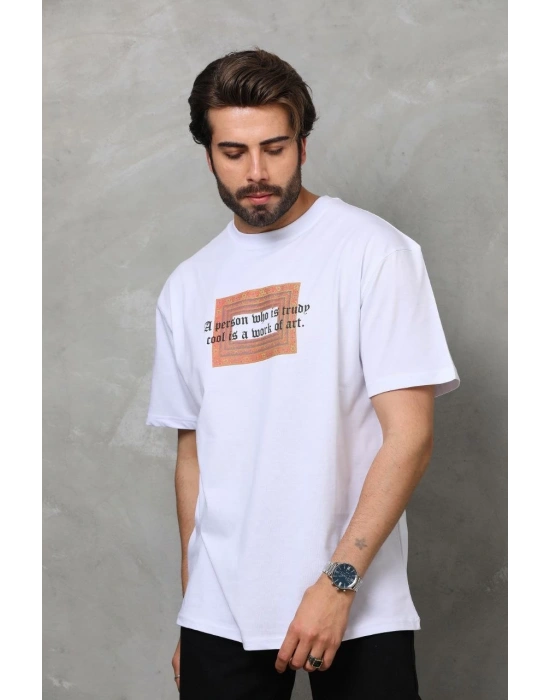 Erkek Bisiklet Yaka Baskılı Oversize T-Shirt - Beyaz