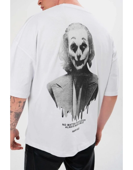 Erkek Bisiklet Yaka Baskılı Oversize T-Shirt - Beyaz